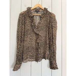 J. Crew Ruffle Button-Up Shirt 6 Leopard-Print Crinkle Chiffon CF437 Sheer